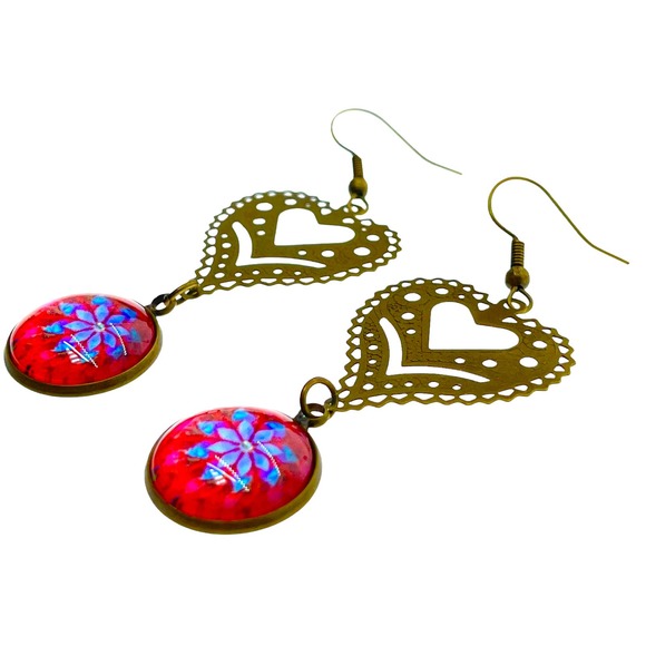 Cherry Red Fancy Heart Dangle Earrings - Picture 2 of 7